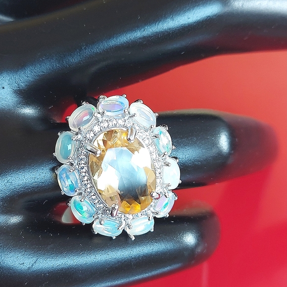 Natural Citrine 14x10mm, Fire Opal & Cz 925 Sterling Silver Ring 8.75 - Picture 4 of 8